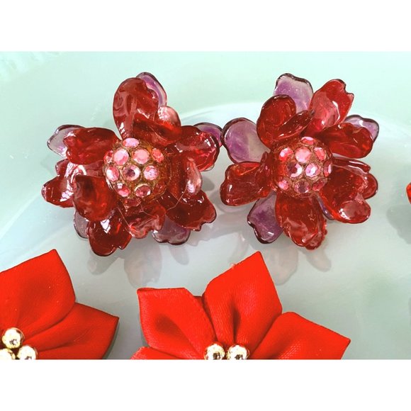 Vintage lot 5 pair vintage Flower Statement Clip Earrings - Picture 5 of 10
